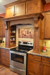 Custom Kitchen hood and spice shelves