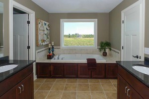 Paneled Jacuzzi tub and stained vanities