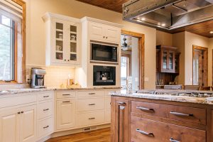 Two Toned Kitchen, Glass Kitchen, White Cabinets, Stained Island