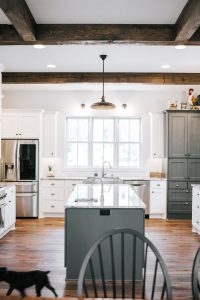 Two toned double island kitchen, Rustic Alder painted cabinets with Rub thru pecan stain and Grizzle Grey painted center Island