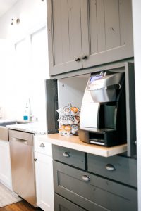 Tall Wall cabinet with shiplap pocket doors for coffee bar painted Grizzle Grey