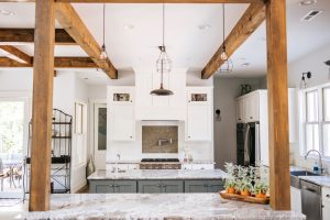 Two toned double island kitchen, Rustic Alder painted cabinets with Rub thru pecan stain and Grizzle Grey painted center Island