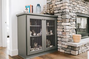 Fireplace side cabinet with wire mesh panel insert painted grizzle grey