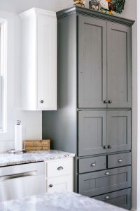 Tall Wall cabinet with shiplap pocket doors for coffee bar painted Grizzle Grey