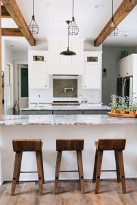 Two toned double island kitchen, Rustic Alder painted cabinets with Rub thru pecan stain and Grizzle Grey painted center Island