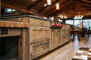 Distressed Hickory Island with butcher Block and full overlay doors