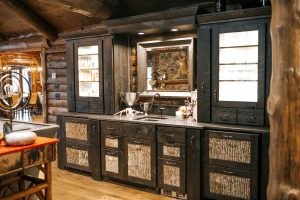 Rustic Buffet with bark panel insets and glass side cabinets