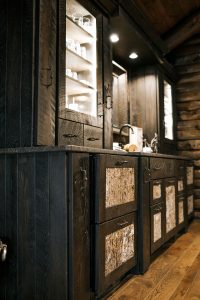 Rustic Buffet with bark panel insets and glass side cabinets
