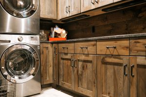 Distressed Rustic Hickory Shiplap laundry cabinets